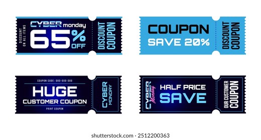 Cyber Monday coupon set, vouchers promotion design template for sale, special price offers banner, promotion poster. Vector illustration