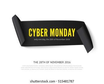 Cyber Monday curved paper banner. Realistic vector illustration of black ribbon with text isolated on white background.