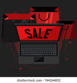 Cyber Monday. Day of discounts and sale in online stores. Laptop and shopping bags. Vector flat illustration