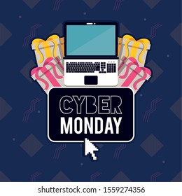 cyber monday day poster with laptop vector illustration design