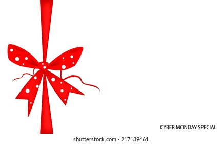 Cyber Monday Deal Card with Red Bows and Ribbon, Sign for Start Christmas Shopping Season and Biggest Discount Promotion in A Year. 