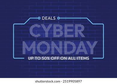 Cyber Monday deals up to 50 percent off on all items on blue texture background design.