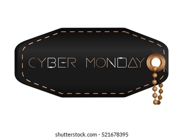 Cyber Monday design. Black leather price tag with a gold inscription - Cyber Monday. Vector illustration