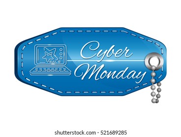 Cyber Monday design. Blue price tag with the image of the laptop and inscription - Cyber Monday Sale. Vector illustration