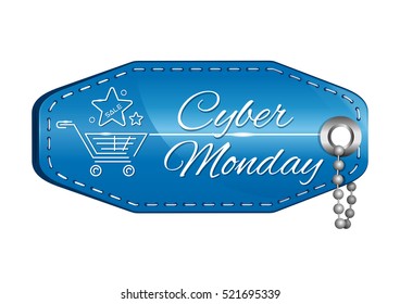 Cyber Monday design. Blue price tag with the image of the trolley cart and inscription - Cyber Monday Sale. Vector illustration