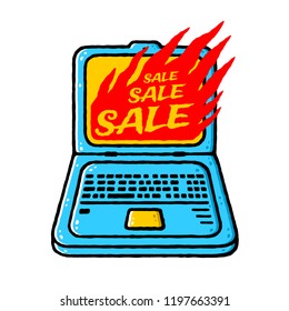 Cyber Monday design. Cartoon laptop computer with flame on monitor. Holiday online shopping concept on white background isolated. Stock Vector Illustration. Cartoon style.