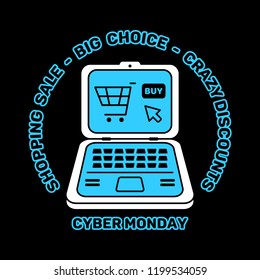 Cyber Monday design. Cartoon laptop computer. Holiday online shopping concept on black background isolated. Stock Vector Illustration. Cartoon style.