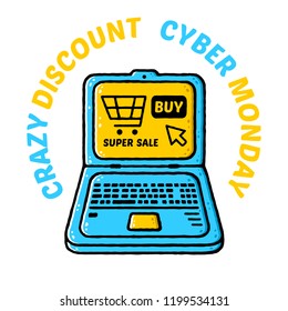 Cyber Monday design. Cartoon laptop computer. Holiday online shopping concept on white background isolated. Stock Vector Illustration. Cartoon style.