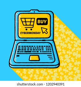 Cyber Monday design. Cartoon laptop computer. Holiday online shopping concept on blue background isolated. Stock Vector Illustration. Cartoon style.