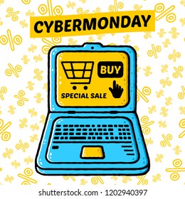 Cyber Monday design. Cartoon laptop computer. Holiday online shopping concept on white background isolated. Stock Vector Illustration. Cartoon style.