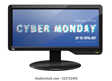 Cyber Monday design. Flat screen LCD TV. Computer monitor with an inscription - Cyber Monday. Special offer. Limited time only. Led TV. Plasma. Realistic vector illustration isolated on white