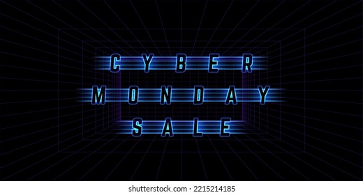 Cyber Monday Design with Neon Light Frame. Neon Text on Dark Background with Glowing Grid. Vector Advertising Illustration.