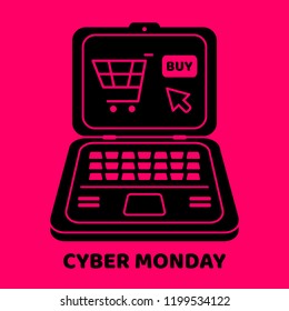 Cyber Monday design. Vector laptop computer. Holiday online shopping concept on pink background isolated. Stock Vector Illustration.