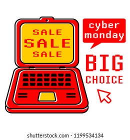 Cyber Monday design. Vector laptop computer. Holiday online shopping concept on white background isolated. Stock Vector Illustration.