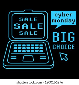Cyber Monday design. Vector laptop computer. Holiday online shopping concept on black background isolated. Stock Vector Illustration.
