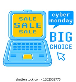 Cyber Monday design. Vector laptop computer. Holiday online shopping concept on white background isolated. Stock Vector Illustration.