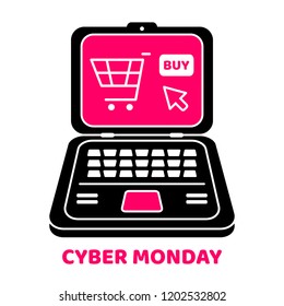 Cyber Monday design. Vector laptop computer. Holiday online shopping concept on white background isolated. Stock Vector Illustration.
