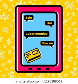 Cyber Monday design. Vector Smartphone messages. Holiday online shopping concept on yellow background isolated. Stock Vector Illustration. 