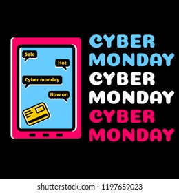 Cyber Monday design. Vector Smartphone messages. Holiday online shopping concept on blue background isolated. Stock Vector Illustration.
