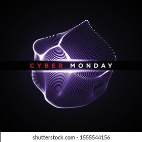 Cyber Monday digital background. Sale flyer or banner design template. Vector illustration of neon lights Cyber Monday 2020 sign with digital illuminated wave, particles and lens flare light effect