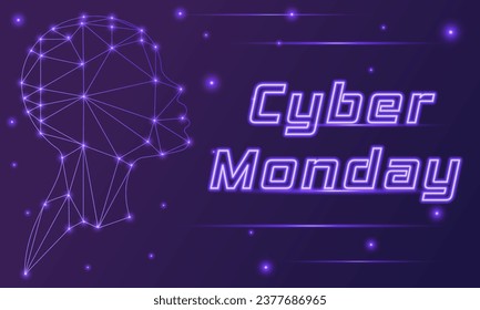 Cyber Monday discount horizontal web banner with neon effect elements.