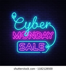 Cyber Monday, discount sale concept Vector illustration in neon style, online shopping and marketing concept. Neon luminous signboard, bright banner, Light advertisement