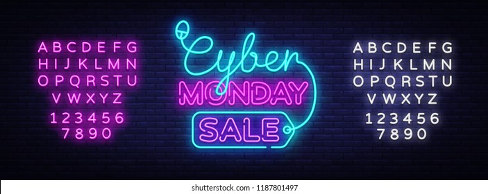 Cyber Monday, discount sale concept Vector illustration in neon style, online shopping and marketing concept. Neon luminous signboard, bright banner, Light advertisement. Editing text neon sign