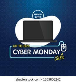 Cyber Monday, discount sale concept illustration in neon style, online shopping and marketing concept, vector illustration. Neon luminous signboard, bright banner, luminous advertisement