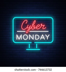 Cyber Monday, discount sale concept illustration in neon style, online shopping and marketing concept, vector illustration. Neon luminous signboard, bright banner, luminous advertisement