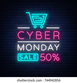 Cyber Monday, discount sale concept illustration in neon style, online shopping and marketing concept, vector illustration. Neon luminous signboard, bright banner, luminous advertisement.