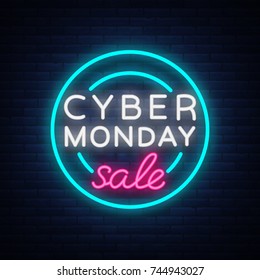 Cyber Monday, discount sale concept illustration in neon style, online shopping and marketing concept, vector illustration. Neon luminous signboard, bright banner, luminous advertisement.