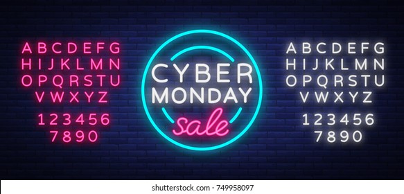 Cyber Monday, discount sale concept illustration in neon style, online shopping and marketing concept, vector illustration. Neon luminous signboard, bright banner. Editing text neon sign