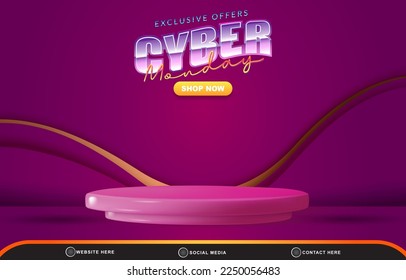 cyber monday discount sale template banner with blank space 3d podium for product sale with abstract gradient purple background design