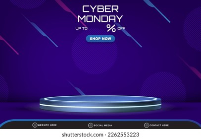 cyber monday discount sale template banner with blank space 3d podium for product sale with abstract gradient dark blue background design