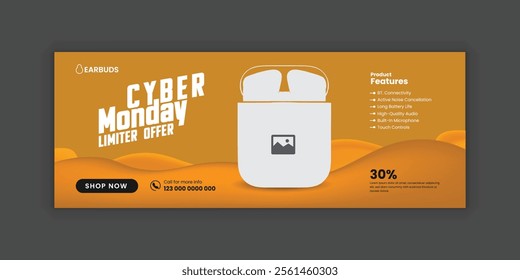 Cyber Monday Earbuds Super Sale social media cover banner template and EarPods web banner design
