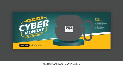 cyber Monday Earbuds Super Sale social media cover banner template and EarPods web banner design
