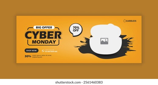 cyber Monday Earbuds Super Sale social media cover banner template and EarPods web banner design
