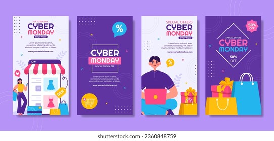 Cyber Monday Event Social Media Stories Flat Cartoon Hand Drawn Templates Background Illustration