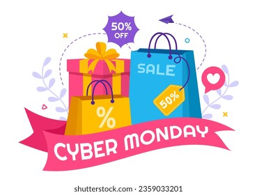 Cyber Monday Event Vector Illustration with Super Sale and Big Discount Purchases Goods in Paper Bags for Promotions in Flat Cartoon Background