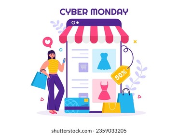 Ilustración de vectores de eventos de lunes cibernético con súper venta y gran descuento compra artículos en bolsas de papel para promociones en fondo plano de caricatura