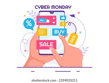 Ilustración de vectores de eventos de lunes cibernético con súper venta y gran descuento compra artículos en bolsas de papel para promociones en fondo plano de caricatura