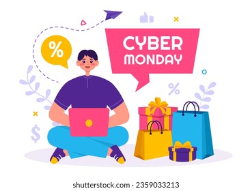 Cyber Monday Event Vector Illustration with Super Sale and Big Discount Purchases Goods in Paper Bags for Promotions in Flat Cartoon Background