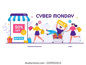 Cyber Monday Event Vector Illustration with Super Sale and Big Discount Purchases Goods in Paper Bags for Promotions in Flat Cartoon Background
