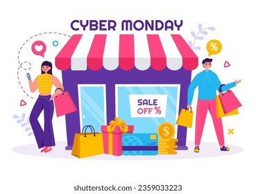 Ilustración de vectores de eventos de lunes cibernético con súper venta y gran descuento compra artículos en bolsas de papel para promociones en fondo plano de caricatura