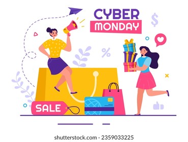 Cyber Monday Event Vector Illustration with Super Sale and Big Discount Purchases Goods in Paper Bags for Promotions in Flat Cartoon Background