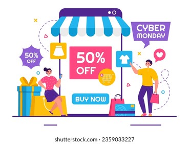 Cyber Monday Event Vector Illustration with Super Sale and Big Discount Purchases Goods in Paper Bags for Promotions in Flat Cartoon Background