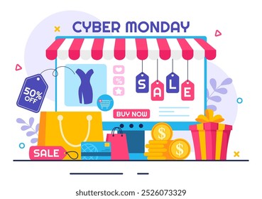 Ilustración vectorial de evento de Cyber Monday con súper venta y grandes descuentos compra bienes en bolsas de papel para promociones en un fondo de dibujos animados de estilo plano