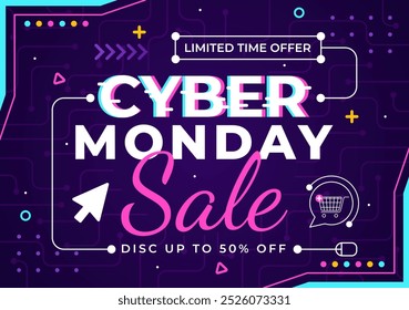 Cyber Monday Event Vektorgrafik mit Super Sale und Big Discount Käufe Waren in Papiertaschen für Promotionen in einem flachen Stil Cartoon Hintergrund