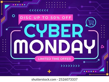 Ilustración vectorial de evento de Cyber Monday con súper venta y grandes descuentos compra bienes en bolsas de papel para promociones en un fondo de dibujos animados de estilo plano