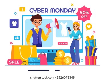 Cyber Monday Event Vector Illustration with Super Sale and Big Discount Purchases Goods in Paper Bags for Promotions in a Flat Style Cartoon Background